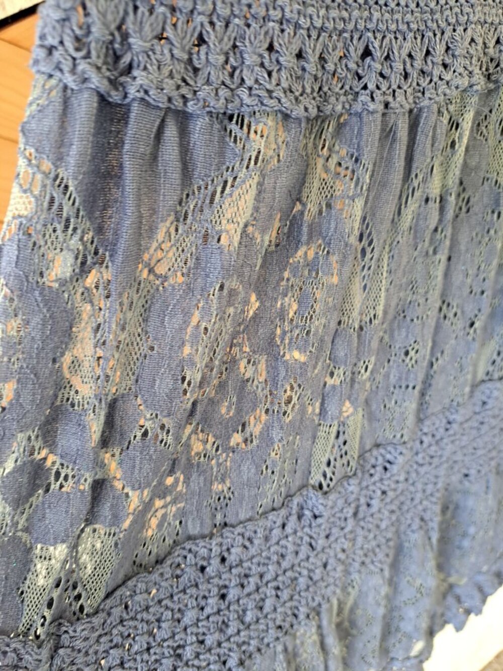 Boho Lace Maxi Skirt Blue Crochet Elastic Waist Tassel Tie Flowy Womens L Gypsy - Picture 2 of 12